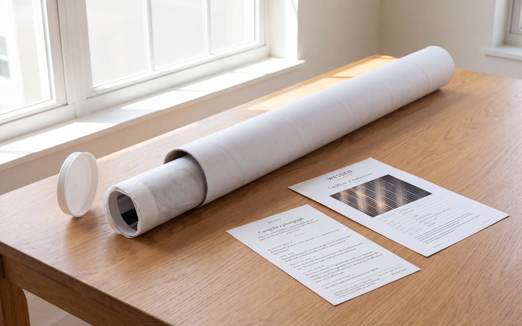 Tubo de envio branco sobre mesa de madeira clara, com uma fotografia fine art enrolada em papel de seda saindo da abertura, ao lado do certificado de autenticidade Wesden e do guia de cuidados